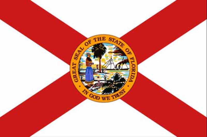 The flag of Florida features a red St. Andrew's Cross on a white field with the state seal in the center, depicting a Native American woman, a steamboat reminiscent of early towing vessels, a palm tree, and the state motto 