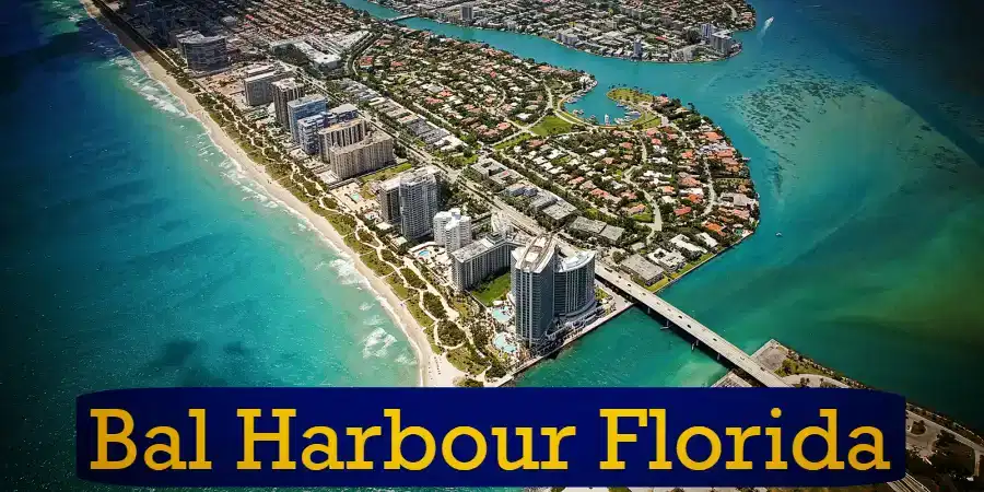 Aerial view of Bal Harbour, Florida featuring high-rise buildings, a bridge, and coastal areas with clear blue water. In the distance, a tow truck can be seen assisting a stranded vehicle. Text overlay reads 