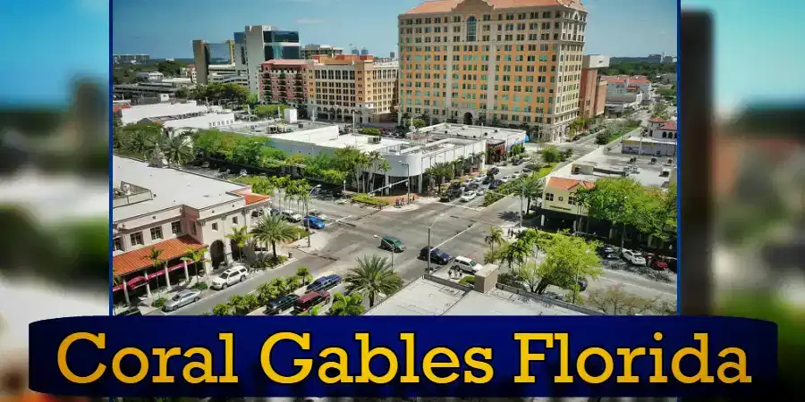 Aerial view of a commercial area in Coral Gables, Florida. The image shows several buildings, streets, and parked cars with a headline text, 