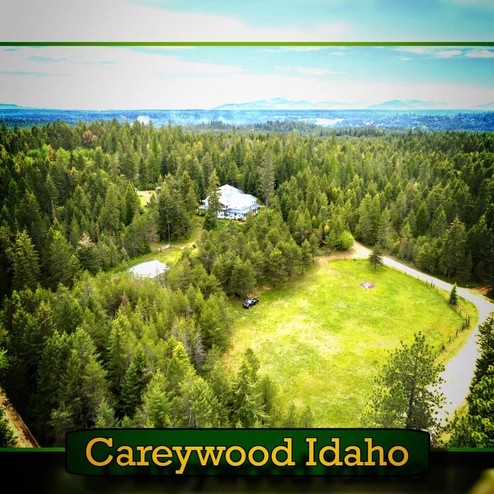 Aerial view of dense forest with a clearing featuring a house, a few buildings, and a tow truck in Careywood, Idaho.