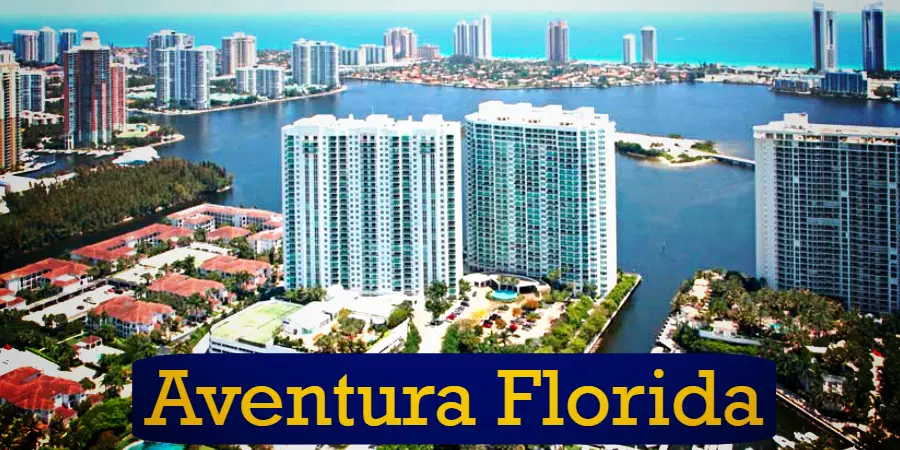 Aerial view of high-rise buildings and waterways in Aventura, Florida, with 