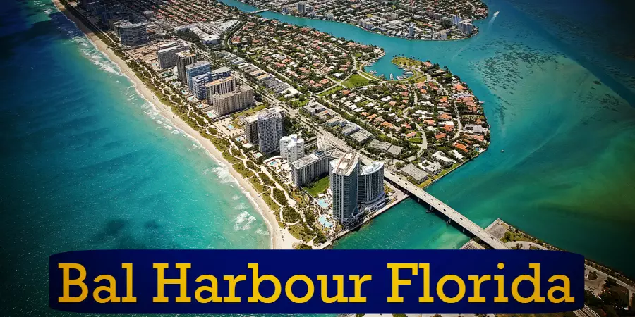 Aerial view of Bal Harbour, Florida featuring high-rise buildings, a bridge, and coastal areas with clear blue water. In the distance, a tow truck can be seen assisting a stranded vehicle. Text overlay reads 