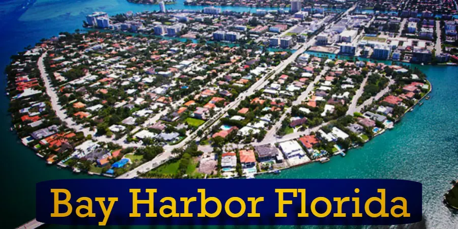 Aerial view of Bay Harbor, Florida, showing a densely packed neighborhood surrounded by water, with a tow truck visible on one of the winding streets. The text overlay reads 