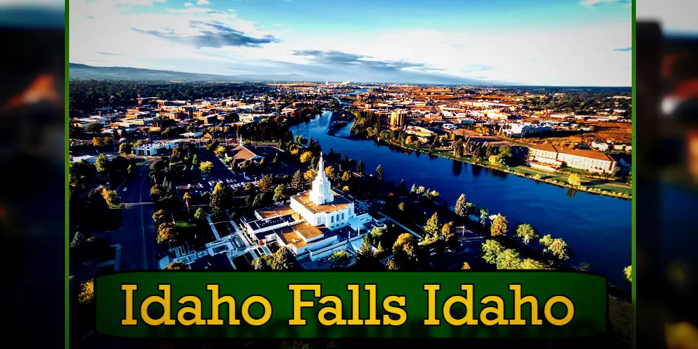 Aerial view of Idaho Falls, showing buildings, greenery, and a river running through the city under a clear sky. Text overlay reads 