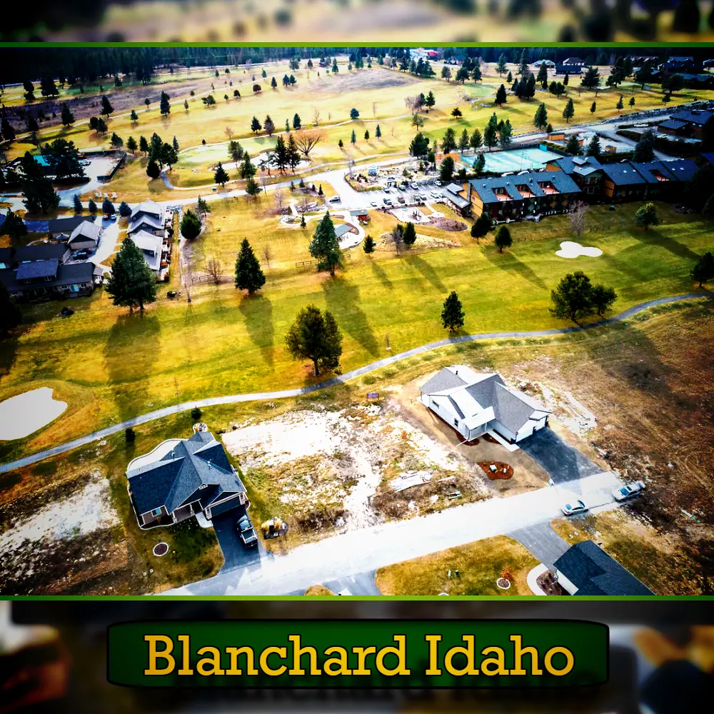 Aerial view of a suburban area in Blanchard, Idaho, featuring houses, green spaces, and a golf course. A tow truck is visible near one of the homes. Text overlay at the bottom reads 'Blanchard Idaho.'