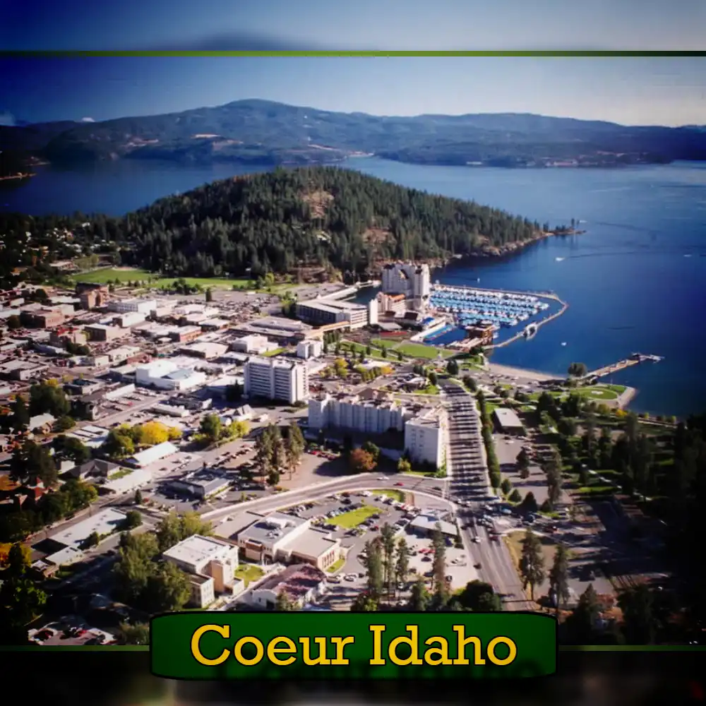 Aerial view of Coeur d'Alene, Idaho, showcasing a body of water, surrounding neighborhoods, and buildings. In the midst of this picturesque scene, a tow truck can be seen making its way through the streets. A caption at the bottom reads 
