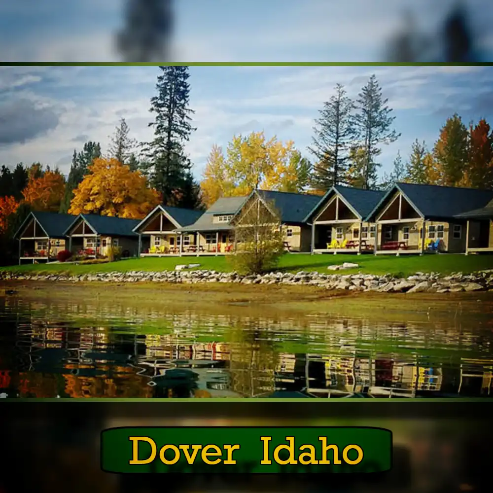 Five cabins with gabled roofs are lined up along a waterfront surrounded by autumn trees. A discreet sign at the bottom reads 