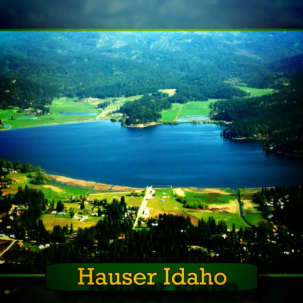 Aerial view of Hauser Lake surrounded by lush forests and fields in Hauser, Idaho, with mountains in the background. A tow truck can be seen on the road below. Text at the bottom reads 