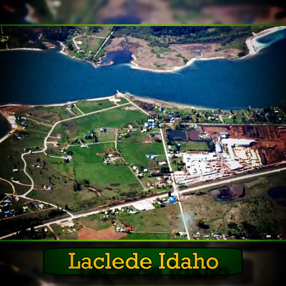 Aerial view of Laclede, Idaho, featuring a river, green fields, scattered buildings, and a tow truck on a country road. The name 