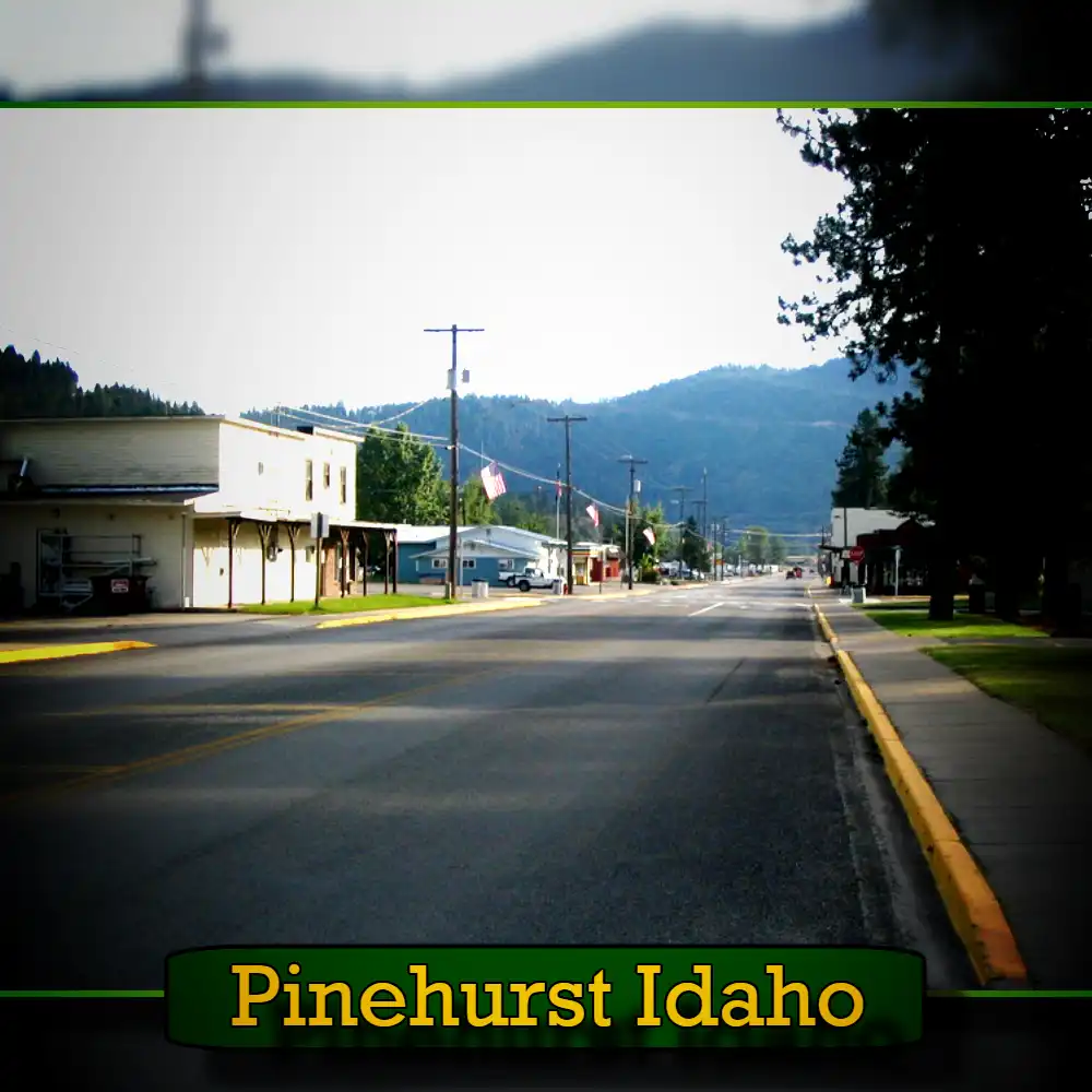 A quiet street lined with buildings and trees in Pinehurst, Idaho, showcases a mountainous background. A sign in the foreground reads 