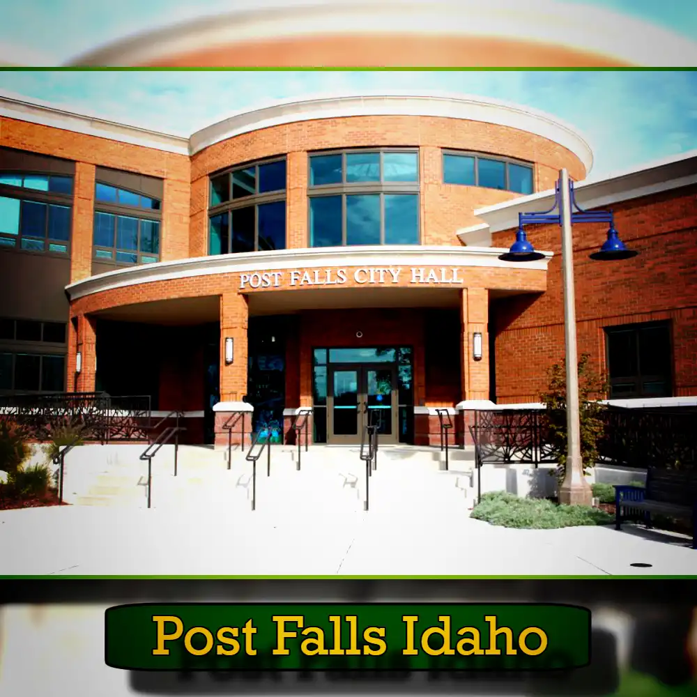 The front entrance of Post Falls City Hall in Idaho, featuring a brick facade, large glass windows, and two blue street lamps, offers nearby amenities like tow service for the convenience of its visitors.