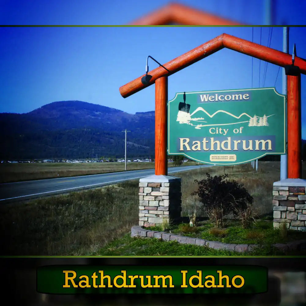 A welcome sign for the City of Rathdrum, Idaho, featuring mountains and a winding road in the background, subtly highlighting local tow service availability.