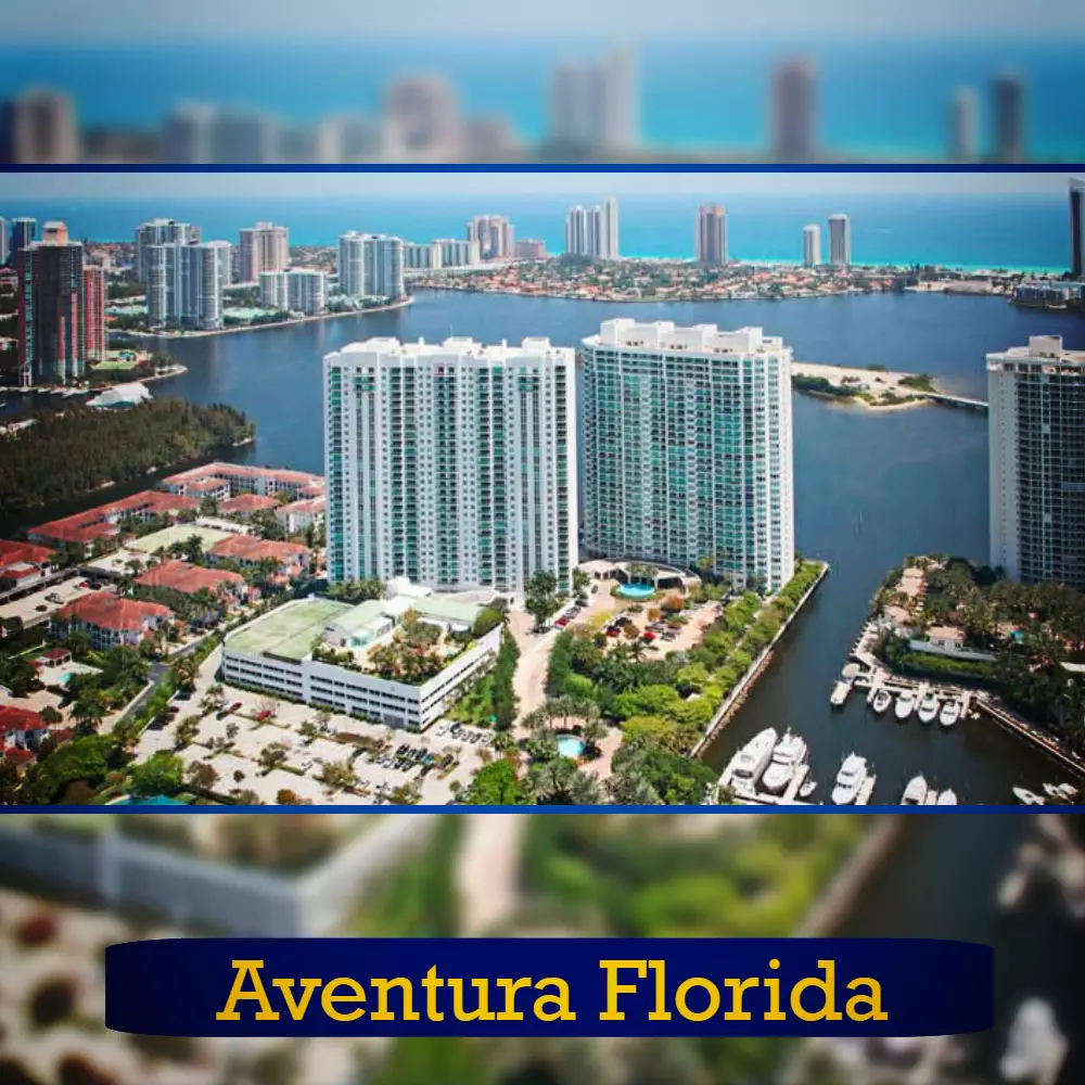 Aerial view of Aventura, Florida, featuring high-rise buildings, waterways, and boats docked in a marina. Amid the bustling scenery, a tow truck ensures smooth traffic flow. Text overlay reads 