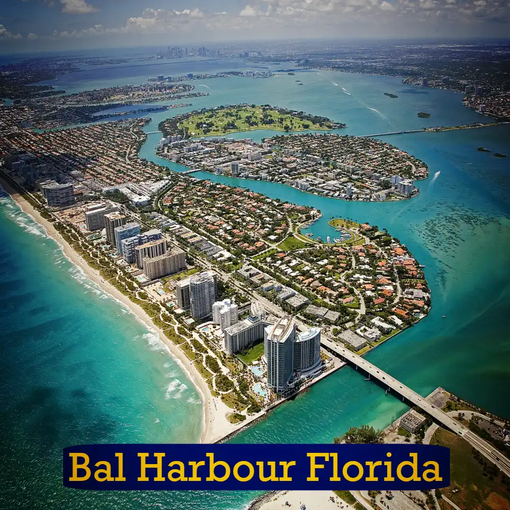 Aerial view of Bal Harbour, Florida, showing a coastal town with high-rise buildings, a beach, and turquoise waters. A tow truck is seen making its way through the streets. Text reading 