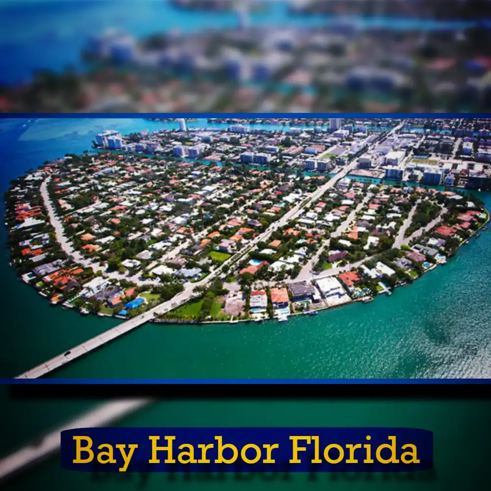 Aerial view of Bay Harbor, Florida showing a residential area surrounded by water with a bridge connecting it to the mainland. 