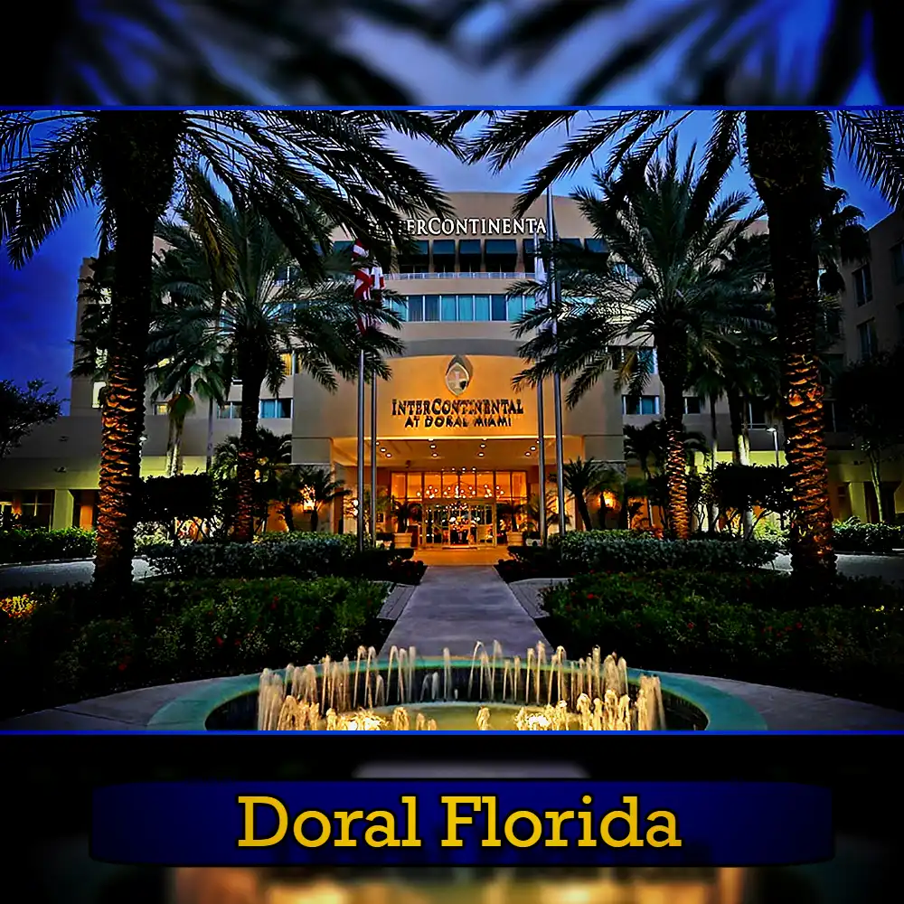 A grand hotel entrance of the Intercontinental at Doral Miami, Florida, lit up at dusk with palm trees and a water fountain in front. The scene is vibrant and inviting, with a nearby tow service ready to assist if needed.