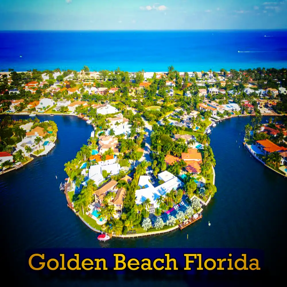 Aerial view of Golden Beach, Florida, showing a coastal community with residential homes surrounded by water on all sides. Among the residences, a discreet tow truck is seen providing towing services. The text 