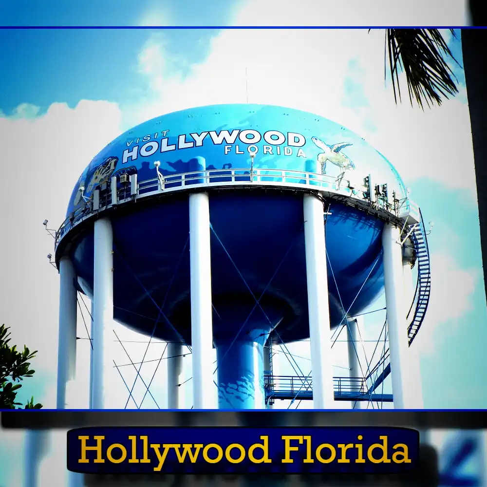 Image of a large blue water tower with 