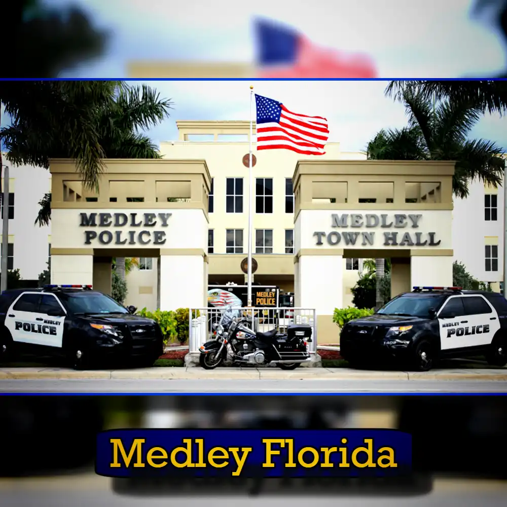 The image shows the Medley Town Hall and Medley Police Department buildings in Medley, Florida, with two police cars, a police motorcycle, a tow truck providing towing services, and an American flag in front.