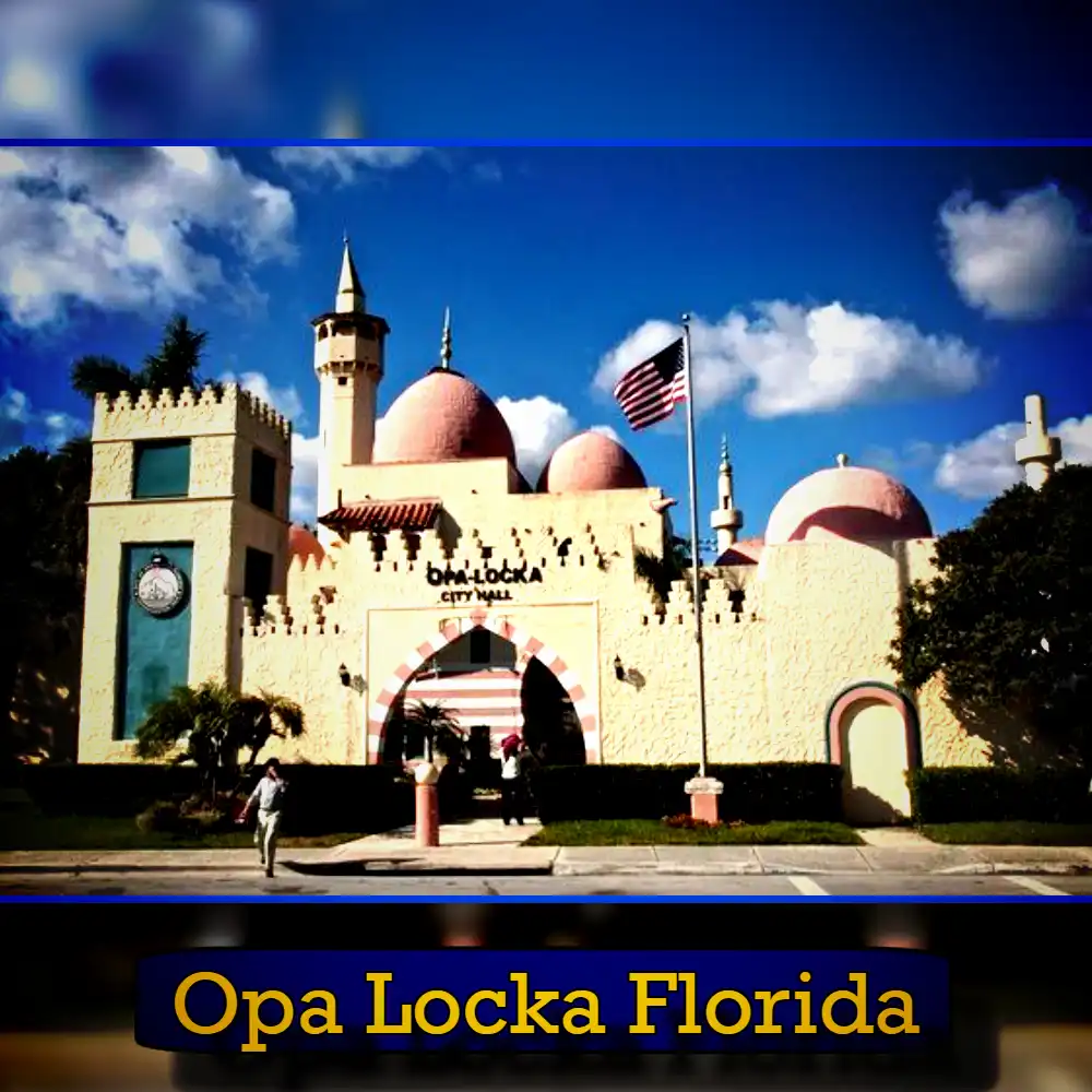 Opa Locka City Hall in Florida, featuring Moorish-style architecture with domes and minarets, an American flag, and a palm tree in the foreground under a partly cloudy sky. A tow truck from the local tow service subtly blends into the scene, adding a touch of everyday life to the picturesque setting.