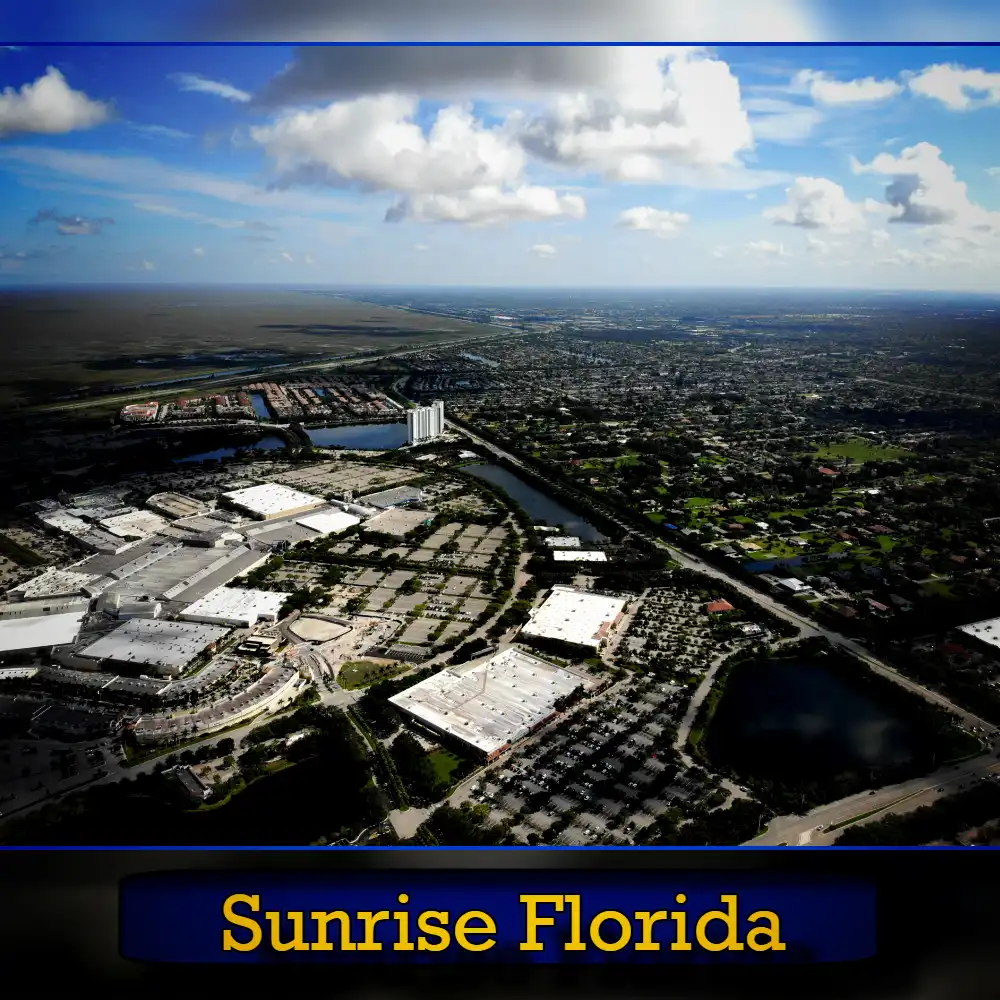 Aerial view of Sunrise, Florida, showing commercial buildings, residential areas, and a network of roads and waterways under a partly cloudy sky with tow trucks navigating the streets.