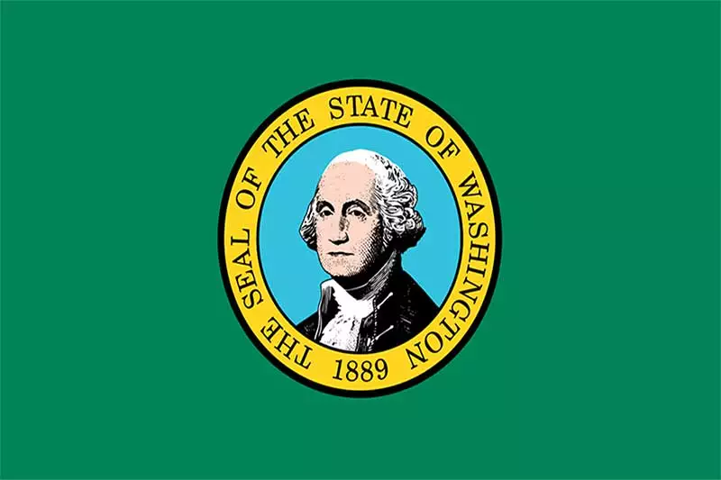 The flag of Washington State features a green field with the state seal, portraying George Washington and the text 