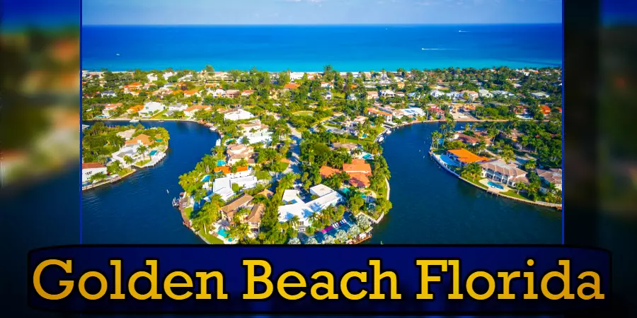 Aerial view of Golden Beach, Florida, showing residential areas surrounded by water bodies and a distant view of the ocean. A tow truck is parked near the coastline. Text at the bottom reads 