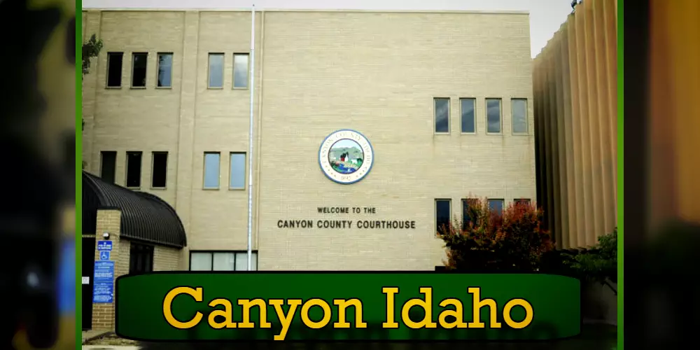 Exterior view of the Canyon County Courthouse in Idaho with a sign reading 