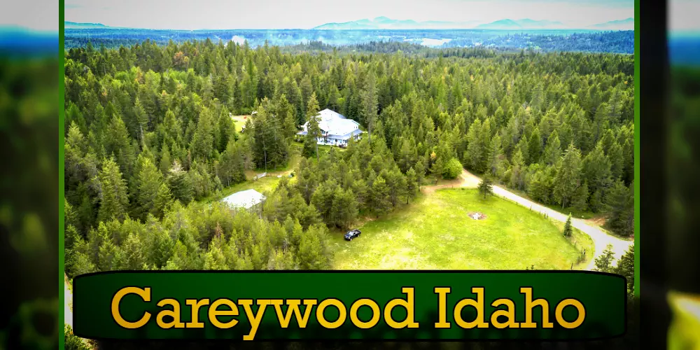 Aerial view of Carey's Glen in Careywood, Idaho. The image shows a large house surrounded by dense forest with a grassy clearing and mountains in the distance, with a tow truck parked near the driveway.