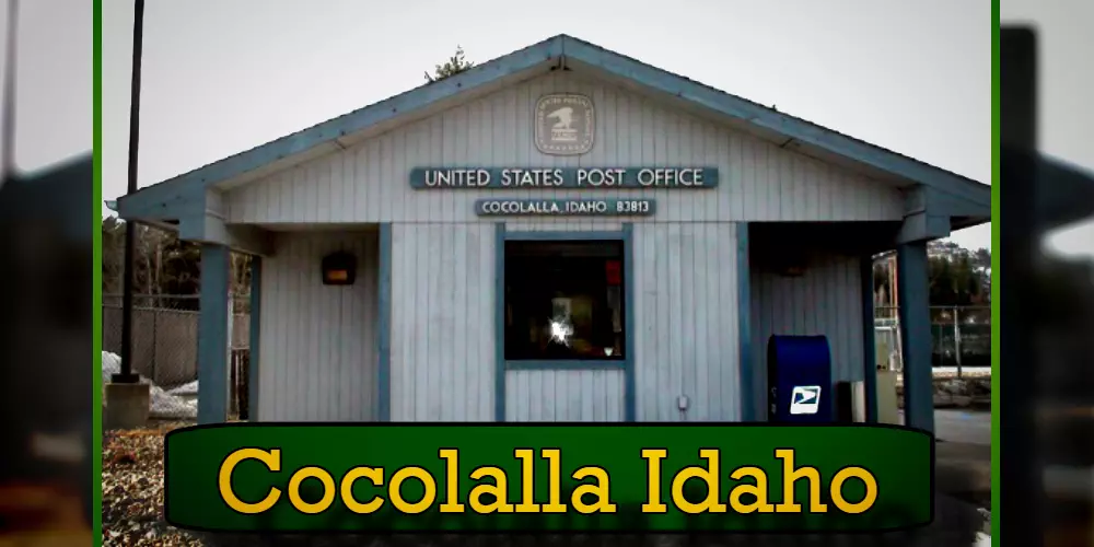 Image of the Cocolalla, Idaho United States Post Office building with a sign displaying 