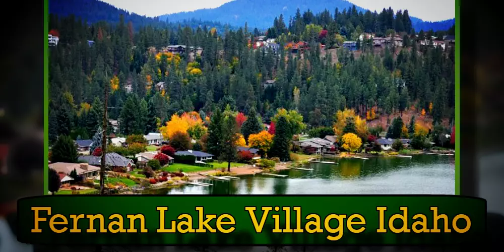 Scenic view of Fernan Lake Village in Idaho, featuring a lakeside community nestled among lush trees, with convenient tow services available for residents and visitors surrounded by picturesque hills.