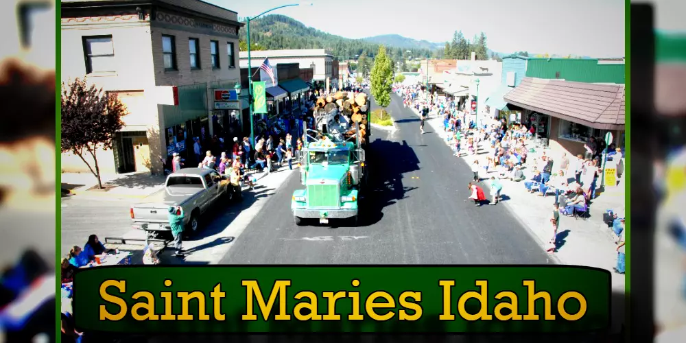 A parade featuring a green tow truck carrying logs moves through a sunny street in Saint Maries, Idaho. People line both sides of the street, sitting and standing to watch.