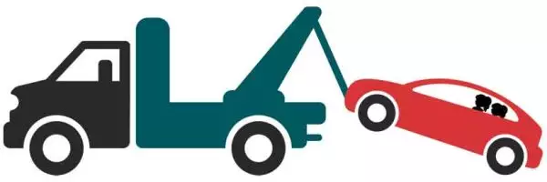 Illustration of a tow truck from a local tow service lifting a red car with two people inside.